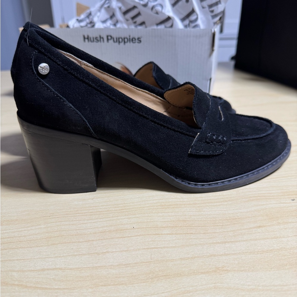 Hush Puppies Women's Black Suede Block Heel Loafers